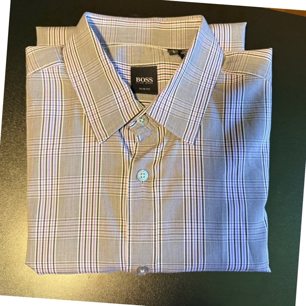 Hugo Boss Mens Slim Fit Plaid Long Sleeve Button Down Shirt Gray Purple Large - Picture 12 of 12